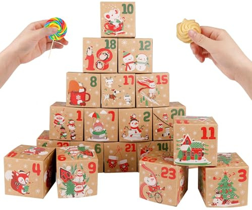 DIY Adventskalender zum Befüllen Kleine Geschenkboxen, 24 Stück Selbstgemachter Adventskalender Boxen Bunte Schachteln zum Aufstellen, Weihnachtskalender zum Befüllen, Weihnachten Kisten (F)