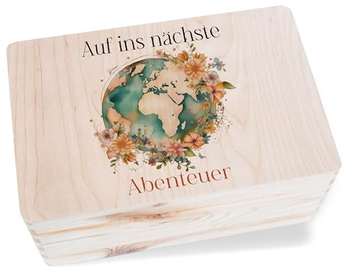 Holzkiste Erinnerungsbox - Urlaub - Weltkugel Auf ins nächste Abenteuer I Weltreise Geschenk Jobwechsel Abschiedsgeschenk Kollegen Sabbatical Geschenk Reise - 30x20x14 cm - Holz - zum reisen box