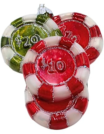 Dekohelden24 Lauschaer Christbaumschmuck - Christbaumkugel Lauscha, Weihnachtsbaumkugeln, Glasornament im Casinostyle, Glas - Jetons in Rot und Grün mit silbernem Krönchen, L/B/H 8 x 3 x 10 cm.