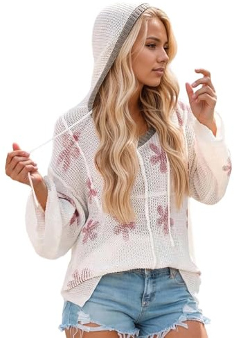 Generisch Felpa con cappuccio da donna a maglia grossa con motivo floreale – Felpa traspirante in look a rete | maglione estivo leggero con maniche larghe, Stil_o03 Bianco, 5XL