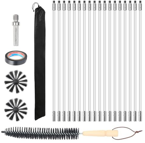 24PCS Chimney Cleaning Brush Kit, Chimney Sweep Kit Flexible with 18 Flexible Nylon Rods+4 Brush Head+Wood Long Brushes+ Storage Bag, Duct Vent Cleaning Set, Chimney Sweep brush for Fireplace Dryer