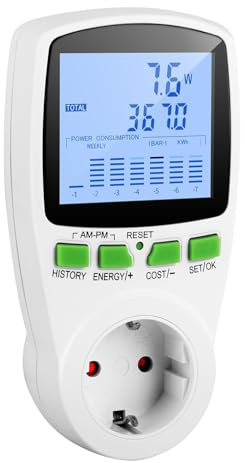 Zweitarif Stromzähler für Steckdose, 16 Modi Strommessgerät Stromverbrauchsmesser mit Kostenhistorie, Energiekostenmessgerät Wattmeter Strommesser mit Hintergrundbeleuchtung 3680W Überlastsicherung