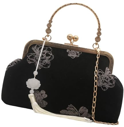 Cenifin Bolso de noche tradicional estilo cheongsam suave bolso de hombro con cadena bordado elaborado diseño compacto artesanal bolso de mujer, Negro