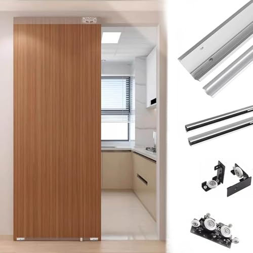 Kit Porte Coulissante Kit de Quincaillerie pour Porte Coulissante Miroir, Système de Fermeture Amortie pour Porte de Placard Dissimulée, Rail pour Porte Escamotable Suspendue(64in/163cm)