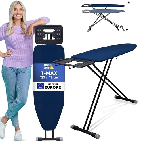 STAHLMANN ® großes Bügelbrett [120x42 Bügelfläche] mit Kleidungsplatte – robuster Bügeltisch – extra stabiles Bügelbrett [Made IN Europe] – Tischbügelbrett