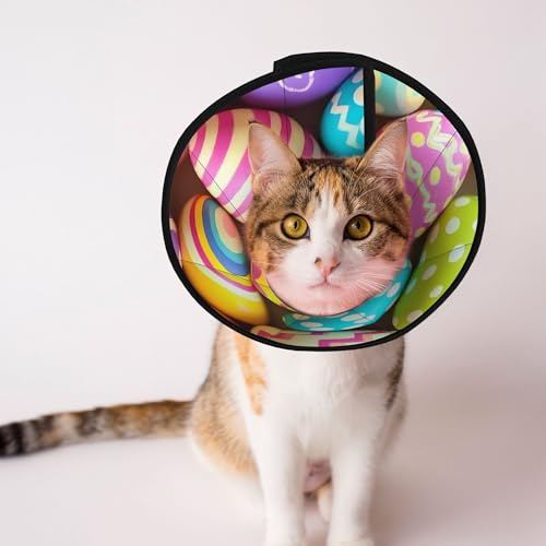 Qewfoju Colorful Easter Eggs Print Cat Cone Collar Cats Neck After Surgery to Stop Licking and Scratch Cone Lightweight Pet Head Cones for Cats