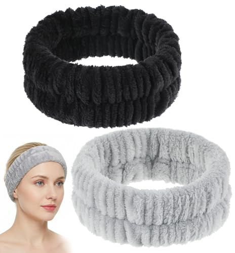2 Stück Haarband Kosmetik, Kosmetik Haarband Damen Für Damen | Schwarz & Grau, 17x5.5 Cm, Extra Weiches Korallenfleece, Elastisch & Saugfähig