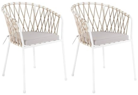 LOLAhome Set 2 Sillas de Jardín Myra de Acero y Cuerda Trenzada Color Blanco, 52x51x80 cm, Cojín Incluido, Ergonómica, Diseño Elegante y Resistentes, Patas Desmontables Uso Exterior