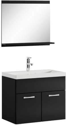 Badplaats B.V. Badezimmer Badmöbel Set Montreal 02 60cm Waschbecken Hochglanz Schwarz Fronten - Unterschrank Waschtisch Spiegel Möbel