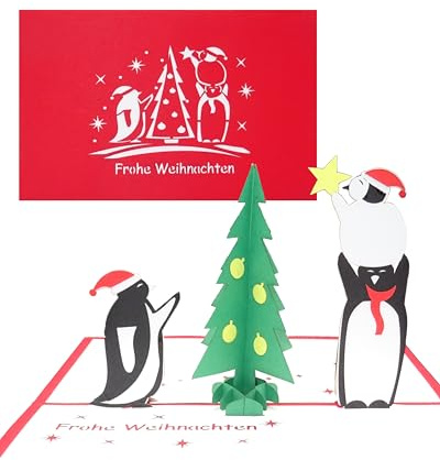 3D Weihnachtskarte „Pinguine & Tannenbaum“ - lustige Pop-Up Karte zu Weihnachten als Weihnachtskarte, Geschenkverpackung & Geschenkgutschein