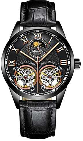 Binger Orologio da polso automatico da uomo con doppio cinturino in pelle Tourbillon