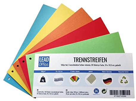 Trennstreifen, 100 Stück, 5 Farben: intensiv, 20 Stück je Farbe, 24 x 10,5 cm, gelocht, 180g/m², zum Sortieren und Trennen von Dokumenten bis DIN-A4-Format