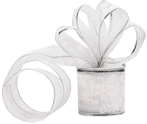 Belle Vous Organza Band Silber Weihnachten - 10mx63mm Glitzer Schneeflocken Geschenkband Chiffon Breit mit Draht – Silbernes Schleifenband Satinband Dekoband Bänder Geschenke, Weihnachtsdeko, Basteln