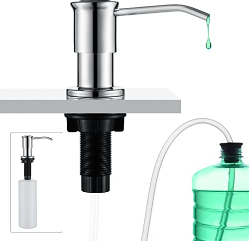 CREA Dispensador de Jabón de Cocina, Dispensador de Detergente de Cocina, Dispensador de jabón para Fregadero con Botella de 500 ml y Manguera de extensión de 1,0 m para llenado Desde Arriba, Cromo