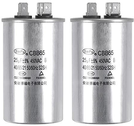 sourcing map Condensador de Funcionamiento Redondo CBB65 25uF 25mfd 450V AC, 40/85/21 Caja de Aluminio con Terminal para Motor Compresor de Aire Acondicionado Bomba Calor Condensador, 2uds