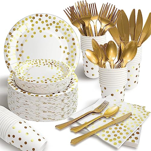 AIRE White Gold Dot Paper Plates Set, 175PCS Disposable Dinnerware for 25