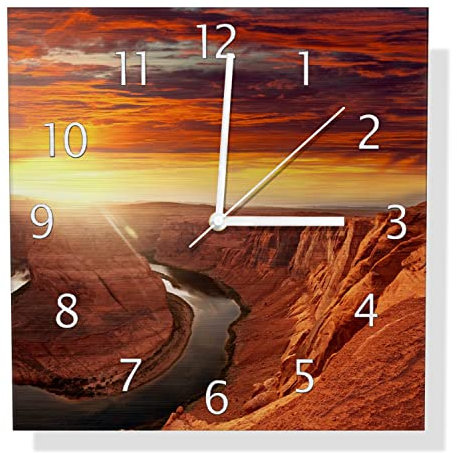 Wallario Design Wanduhr Grand Canyon bei Sonnenuntergang aus Aluverbund, Alu-Uhr Größe 30 x 30 cm, weiße Zeiger mit Metalloptik