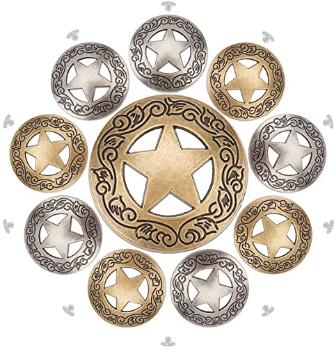 GORGECRAFT 1 Box 10 Sets Schraubknöpfe Mit Graviertem Stern, Concho, Aushöhlen, Dekorative Knöpfe, Rund, Vintage-Bronze Und Silber, Metallschnalle, Ersatzguss, Western-Rodeo, DIY-Lederhandwerk