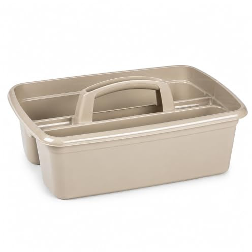 Large Strong Plastic Kitchen Cleaning Carry Tray Caddy Tidy Organiser Cleaning Tool Utility Caddy Storage Gardening Home Bottle Carrier with Handle (Taupe)