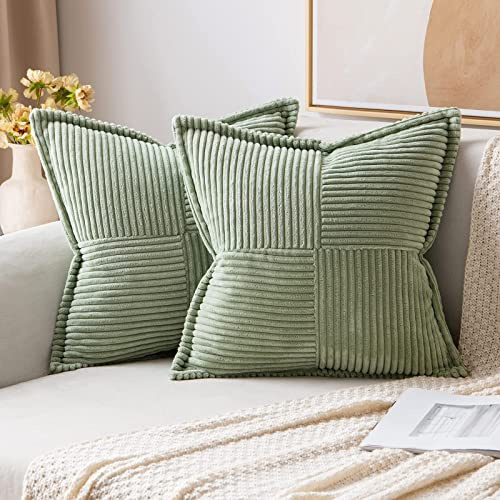 MIULEE 2er Set Kissenbezug 50×50cm Kordsamt Biese Patchwork Creme | Mit Biese und Patchwork Design formstabil farbtreu mit Reißverschluss dekorativ für Sofa Bett Gästezimmer Büro und Terrasse