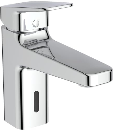 Ideal Standard BD282AA Ceraplan iX Waschtischarmatur H90, Hybridarmatur Sensor- oder Hebelbedienung, ohne Ablaufgarnitur, Batteriebetrieb 6 V, Ausladung 12,4 cm, Chrom