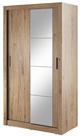 MINIO go for it - Armoire à Portes coulissantes ERTA 6 120 cm avec Miroir | armoire à deux portes avec barres de vêtements et étagère, meubles de chambre à coucher, couleur : chêne Shetland