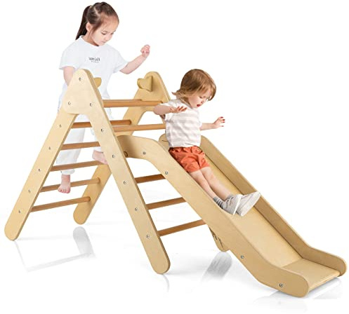 COSTWAY 2 in 1 Set da Arrampicata con Scivolo per Bambini, Triangolo di Arrampicata in Legno Regolabile a Gradi, Giocattolo per Arrampicarsi all’Interno, 1 Anno+ (Naturale)