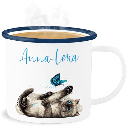 Emaille Becher Blechbecher - Katzen - Süße verspielte Katze Cat - 300 ml - Weiß Blau - katzenmotiv kätzchen tasse cats name tassen katzenmotiven trinkbecher katzenliebhaber für katzenfreunde