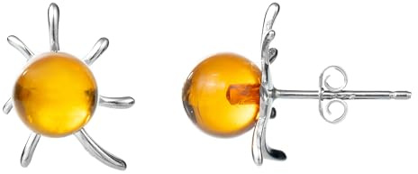 Baltic Amber Sterling Silver Flaming Sun Stud Ball Earrings for Women