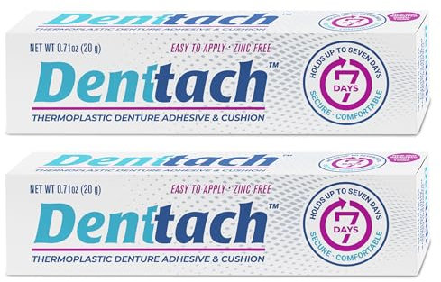 Denture Adhesive, Thermoplastic Denture Adhesive, Cushion and Soft Reliner, Comfortable, Secure Denture Grip for Up to 7 Days, Non Glue, Zinc Free, Long Holding Denture Reliner by Denttach (Pack of 2)