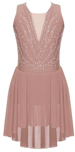 CHICTRY Kürkleider Eiskunstlauf Kinder Mädchen Strass Glitzer Tanzkleid Ärmellos Ballettbody Patchwork Trikot Leotard Mit Chiffon Rock Dancewear Altrosa 170-176