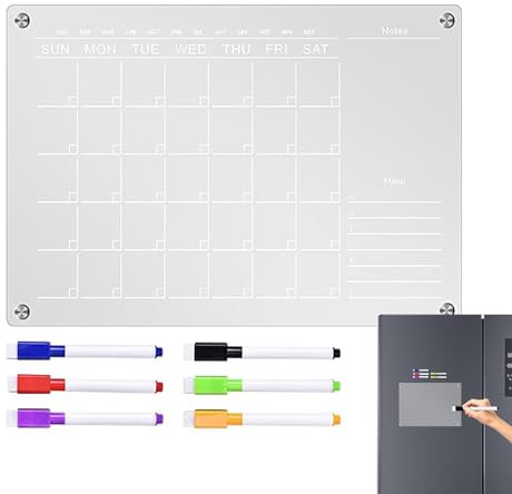 Magnetisches Acryl-Trockenbrett – Monatskalender und blanko, transparentes Whiteboard, wiederverwendbare Kühlschrank-Nachrichtentafel mit 6 bunten Radierstiften für To-Do-Listen und Notizen