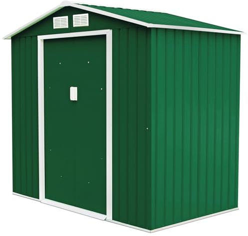 HOMASIS Gerätehaus Metall, Geräteschuppen mit Satteldach & Fundament, Gartenhaus groß Stauraum, wetterfest Gartenschuppen mit 4 Fenster & 2 Schiebetür, Gartenhütte 213x127x185cm Outdoor (Grün)