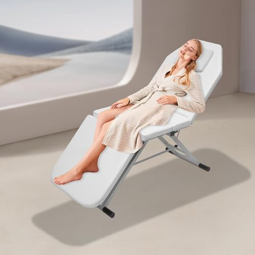 PurpleMinder 3 Zonen Klappbar Massageliege, SPA Mobile Kosmetische Massageliege Kosmetikliege Massagebett PU-Werkstoff 182 * 60cm für Kleine Räume, Tragbar, Weiblich (Weiß)