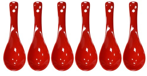 Pirhosigma Lot de 6 cuillères à soupe en porcelaine rouge à fond rond - Cuillères à riz en céramique chinoise pour la maison, la cuisine, le restaurant