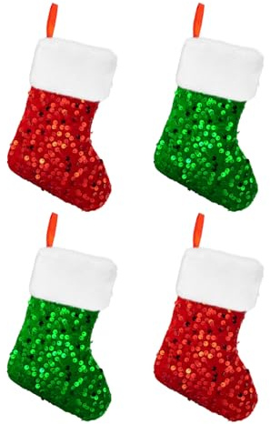 Mini Christmas Stockings 4 Pcs Glitter Christmas Stocking Set Red Green Small Xmas Stockings Decorations Christmas Hanging Gift Bags for Christmas Tree Ornaments Fireplace Party Decor Y7HLLPW
