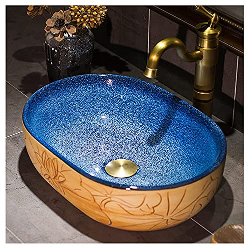 CAFIEDR Keramikwaschbecken für Badezimmer, handbemaltes Aufsatzwaschbecken, ovales Badezimmerwaschbecken, Vintage-Waschtisch über der Theke, für die Badrenovierung, 46 x 34 x 13 cm