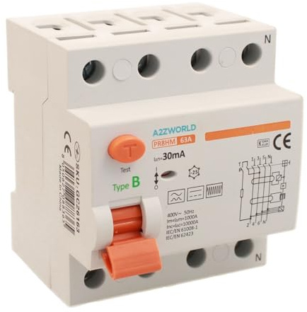 A2ZWORLD Interrupteur différentiel type B triphasé, RCCB Classe B 30mA 4P 63A, 3P+N 4 pôles 10 kA AC 400 V, occupe 4 modules barre DIN