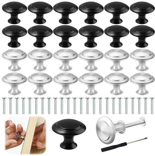 LXBCTOP 24 Stück Möbelknöpfe Schwarz Silber, 27MM Einzelloch Schrankknöpfe, Edelstahl Knöpfe für Schränke, Schubladenknöpfe mit Schraubendreher Schraube, Rund Schrankgriffe für Türen Schublade Möbel