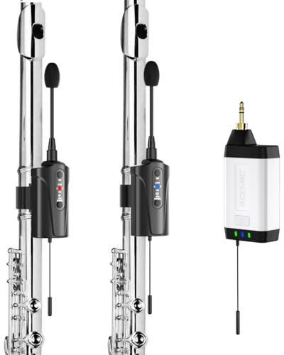 ACEMIC Dual UHF Flute Wireless Instrument Microphone Wireless Tie-on Mic for Flute, 1 Receiver and 2 Transmitter System for Live Performances, PA Systems, Audio Mixers, and Speakers Q2/DT-5