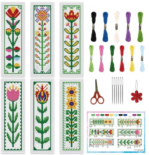 INFUNLY 6 Stück DIY Blumen Kreuzstich Lesezeichen Set Für Anfänger. 2.4''X7.9'' bunte Blumen Stickerei Lesezeichen Sets Mit Anleitung. Nadelspitze Lesezeichen Sets Mit Pflanzenmuster als Geschenk
