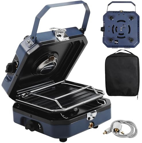 2 Burner Propane Camping Stove with Carrying Bag, 16000 BTU Portable Folding Gas Stove for Camping, With grill, grill pan, Camp Stove for Camping, Home Backyard, Canning, Frying Turkey (Blue)