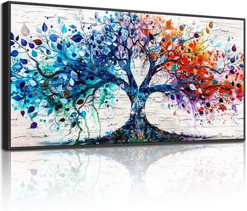 hyidecorart Bunter Baum des Lebens Bilder mit Rahmen Wohnzimmer 50x100 cm | Exquisites Motiv, HD-Druck, Einfach Aufzuhängen, Große Formate, Flexible Raumdeko, Schöne Wandkunst, Geschenk, Leinwandbilder