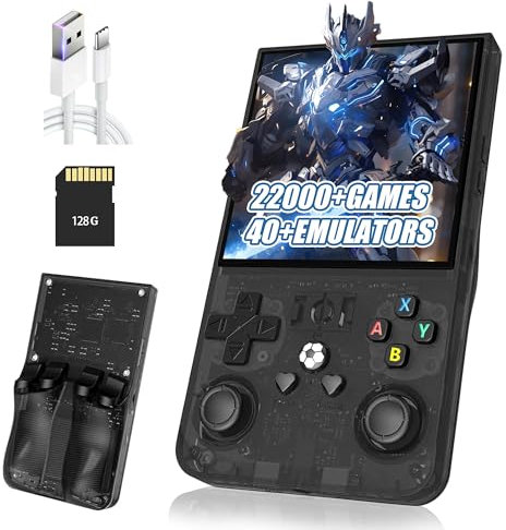 R36MAX Retro Handheld Spielkonsole,Eingebaute 22000+/18000+ Spiele,40+ Emulatoren,8 Stunden 4000mAh Akku,4-Zoll IPS Bildschirm Tragbarer Mini Emulator Handheld,Open Source Linux System (Schwarz-128G)