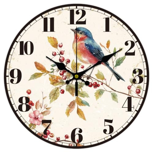 CHGCRAFT 12 Zoll Vogel Wanduhr Beeren Batteriebetriebene Wanduhr Stille Nicht Tickende Blumen Runde Dekorative Uhr für Büro Haus Küche Dekor
