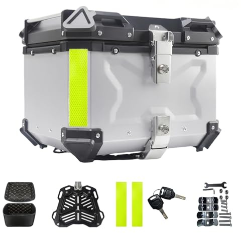 Qawner Universal Motorrad Topcase, wasserdichte Aluminium-Motorrad-Kofferraum-Topbox, Dual-Key Storage Carrier Case, Top Box, Motorradkoffer zur Aufbewahrung von Helmen (silbrig, 55L)