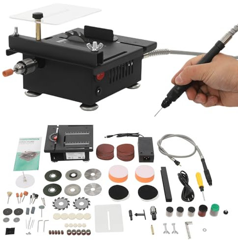 HS13003 - Mini sega circolare da tavolo, 100 W, multifunzione, con 7 velocità regolabile, seghe circolari da tavolo, piccole con levigatrice a nastro per artigianato in legno