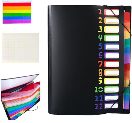 Dokumentenmappe A4, Mappe mit 12 Fächern, Dokumenten Organizer mit Beschreibbare Etiketten, Dokumentenmappe mit Gummiband, Postmappe, für Schule, Zuhause, Auf Bürobedarf