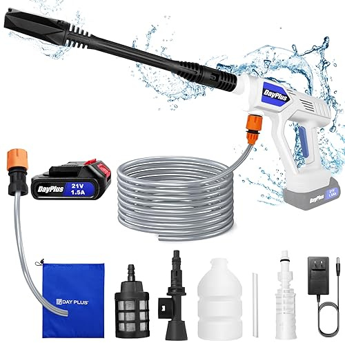 Limpiador de alta presión con batería, 21 V, 45 bar, con 1 batería y cargador rápido, pulverizador de espuma, boquilla multifuncional 6 en 1 y boquilla giratoria de 180 ° para limpieza de coche/jardín