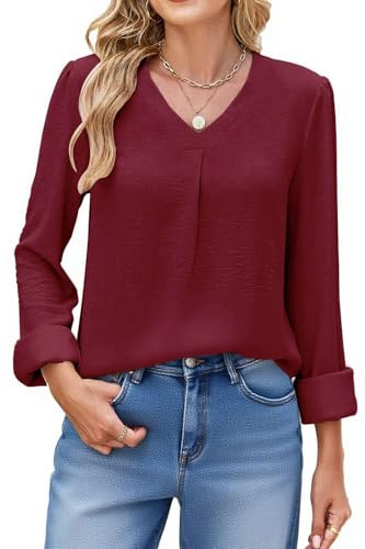Teesho Damblus kortärmad elegant skjortblus sommartoppar volanger ståkrage arbete tunika skjorta toppar volang ärmar skjortor, Långärmad vinröd, L
